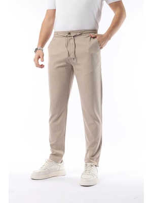 Erkek Bej Jogger Kesim Bel Lastikli Esnek Likralı Silimfit Kumaş Pantolon