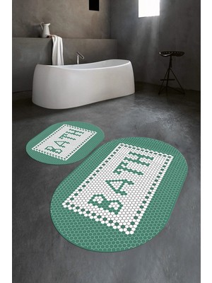 Mikasso Dijital Baskılı Kaymaz Yıkanabilir Bath Oval Banyo Takımı Klozet Takımı Polyester Yeşil
