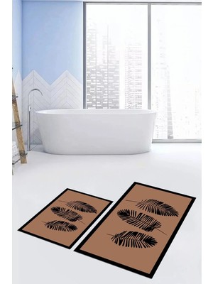 Mikasso Baskılı Yıkanabilir Kaymaz Renkli Yapraklı Desen Ikili Banyo Halısı Klozet Takımı Polyester Kahveren
