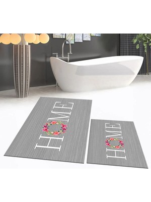 Mikasso Dijital Baskılı Kaymaz Taban Yıkanabilir Ikili Banyo Paspas Klozet Takımı, V-Klozet-12-Gri, Polyeste