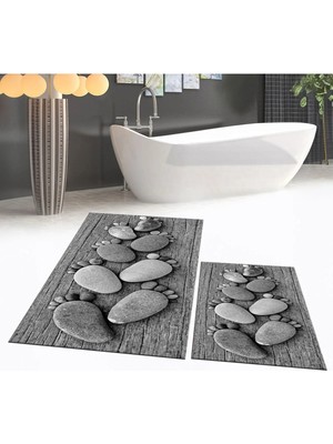 Mikasso Dijital Baskılı Kaymaz Taban Yıkanabilir Ikili Banyo Paspas Klozet Takımı, V-Klozet-15-Gri, Polyeste