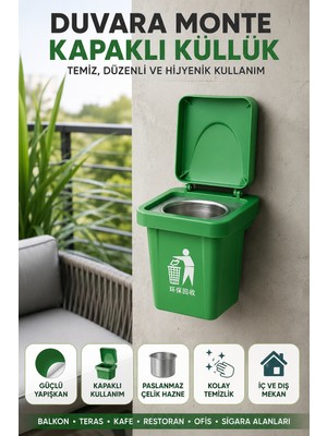 Open City Yeşil Renk Duvara Monte Kapaklı Küllük Yapışkanlı Paslanmaz Çelik Hazneli Balkon Ofis Küllüğü