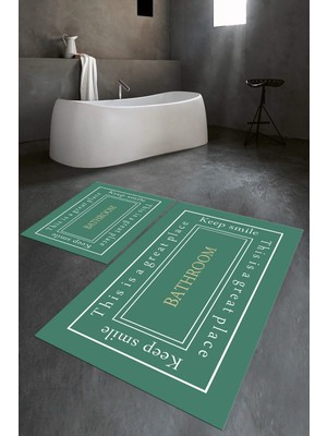 Mikasso Dijital Baskılı Kaymaz Yıkanabilir Bathroom Ikili Banyo Takımı Klozet Takımı Polyester Yeşil