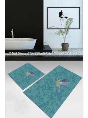 Mikasso Dijital Baskılı Kaymaz Yıkanabilir Kuş Desen Ikili Banyo Takımı Klozet Takımı, N-Klozet-36-Mavi, Pol