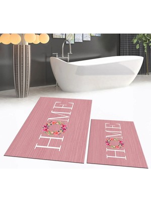 Mikasso Dijital Baskılı Kaymaz Taban Yıkanabilir Ikili Banyo Paspas Klozet Takımı, V-Klozet-12-Pembe, Polyes