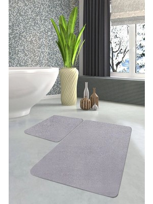Mikasso Ikili Banyo Paspası Klozet Takımı Açık Gri Post Peluş Halı Polyester Makine Halısı Je