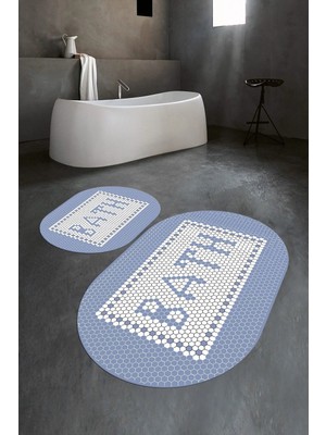 Mikasso Dijital Baskılı Kaymaz Yıkanabilir Bath Oval Banyo Takımı Klozet Takımı Polyester Mavi