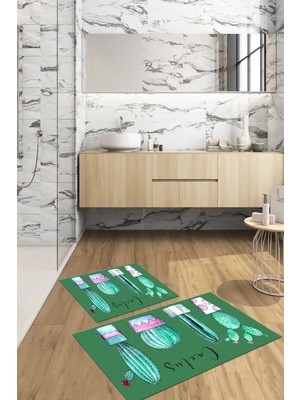 Mikasso Dijital Baskılı Yıkanabilir Kaymaz Taban Kaktüs Model Banyo Paspası Klozet Takımı Polyester Yeşil