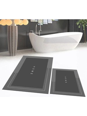 Mikasso Dijital Baskılı Kaymaz Taban Yıkanabilir Ikili Banyo Paspas Klozet Takımı, V-Klozet-03-Gri, Polyeste