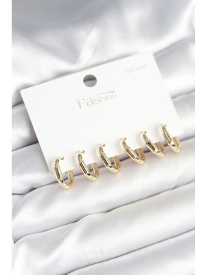 Marsilyan Gold Renk Pirinç Halka Model 925 Ayar Gümüş Çivili Kadın Küpe Seti 5886