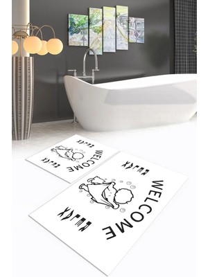 Mikasso Dijital Baskılı Kaymaz Yıkanabilir Welcome Ikili Banyo Takımı Klozet Takımı Polyester Beyaz