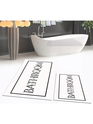 Mikasso Dijital Baskılı Kaymaz Taban Yıkanabilir Ikili Banyo Paspas Klozet Takımı, V-Klozet-06-Beyaz, Polyes