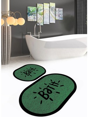 Mikasso Dijital Baskılı Kaymaz Yıkanabilir Bath Oval Banyo Takımı Klozet Takımı Polyester Yeşil