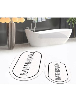 Mikasso Dijital Baskılı Kaymaz Taban Yıkanabilir Oval Ikili Banyo Paspas Klozet Takımı, V-O-Klozet-06-Beyaz,
