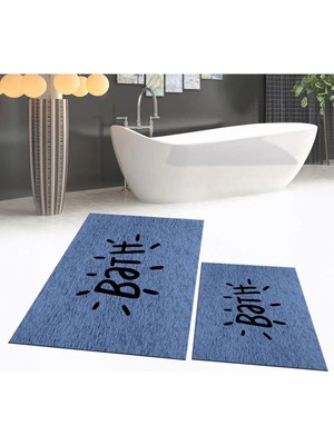 Mikasso Dijital Baskılı Kaymaz Taban Yıkanabilir Ikili Banyo Paspas Klozet Takımı, V-Klozet-09-Mavi, Polyest