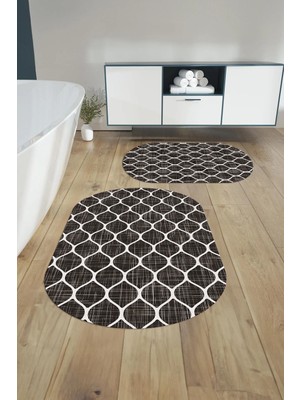 Mikasso Dijital Baskılı Yıkanabilir Sade Kupa Desenli Oval Banyo Paspası Klozet Takımı Polyester Kahverengi