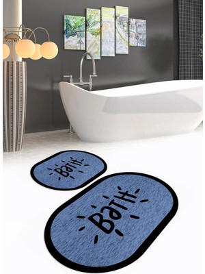 Mikasso Dijital Baskılı Kaymaz Yıkanabilir Bath Oval Banyo Takımı Klozet Takımı Polyester Mavi