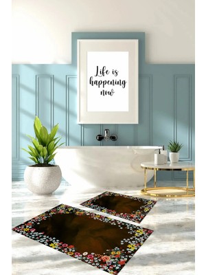 Mikasso Dijital Baskılı Yıkanabilir Renkli Çiçek Desenli Banyo Paspası Klozet Takımı Polyester Kahverengi
