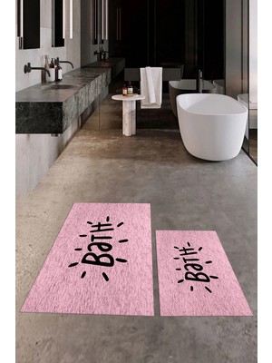 Mikasso Baskılı Yıkanabilir Kaymaz Bath Yazılı Ikili Banyo Halısı Paspas Klozet Takımı Polyester Pembe