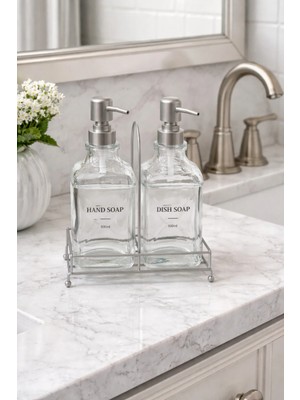 Mikasso Metal Stantlı 2 x 500 ml Cam Sıvı Sabunluk Deterjanlık Seti Metal Tutacak Şık Tasarım Cam Gümüş
