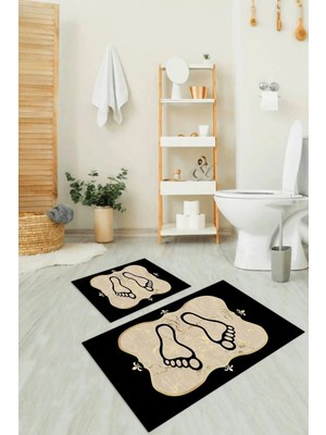 Mikasso Dijital Baskılı Kaymaz Yıkanabilir Ayak Desen Ikili Banyo Takımı Klozet Takımı Polyester Altın