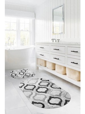 Mikasso Dijital Baskılı Yıkanabilir Kaymaz Taban Kupa Modelli Oval Banyo Paspası Klozet Takımı Polyester Gri