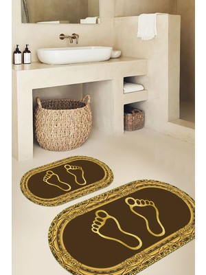 Mikasso Dijital Kaymaz Taban Yıkanabilir Ayak Izi Desen Oval Banyo Paspası 2'li Klozet Takımı Polyester Çok