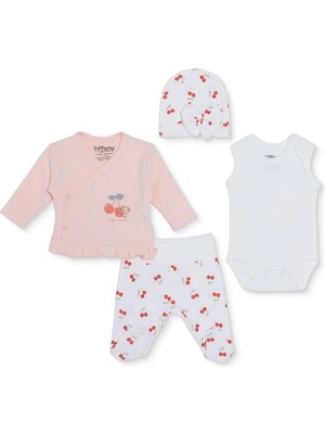 TeknoKapsül Tiffany Kız Bebek Prematüre Set Kiraz Baskılı Çıtçıtlı Zarf Yaka Uzun Kol Patikli