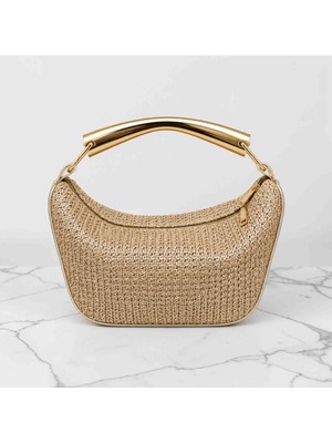 Boutique Kadın Gold Metal Saplı Hasır Omuz Çantası Işıltılı Örgü Abiye ve Günlük Baget El Çantası