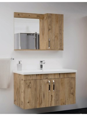 Endüstriyel Ümit Yapı Market 80 cm Çam Ahşap Desenli Asma Banyo Dolabı Takımı Aynalı ve Lavabolu