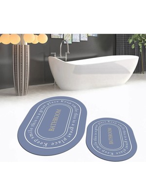 Mikasso Dijital Baskılı Kaymaz Taban Yıkanabilir Oval Ikili Banyo Paspas Klozet Takımı, V-O-Klozet-05-Mavi,