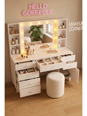 Robin Home Hollywood Makyaj Masası Takımı 7 Çekmece Kapaklı Düzenleyici Hollywood LED Işıklı ve Puflu Beyaz