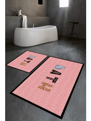 Mikasso Dijital Baskılı Kaymaz Yıkanabilir Bath Ikili Banyo Takımı Klozet Takımı Polyester Pembe