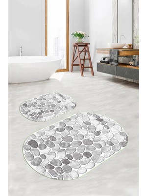 Mikasso Dijital Baskılı 3D Kaymaz Taban Yıkanabilir Oval Banyo Paspası 2'li Klozet Takımı Polyester Çok Renk