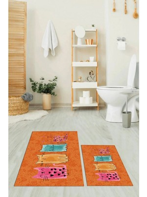 Mikasso Baskılı Yıkanabilir Kaymaz Renkli Kediler Desenli Ikili Banyo Halısı Klozet Takımı Polyester Turuncu