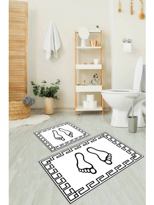 Mikasso Dijital Baskılı Kaymaz Yıkanabilir Ayak Desen Ikili Banyo Takımı Klozet Takımı Polyester Beyaz