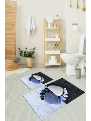Mikasso 3D Dijital Baskılı Kaymaz Taban Yıkanabilir Ikili Banyo Takımı Klozet Takımı Polyester Mavi