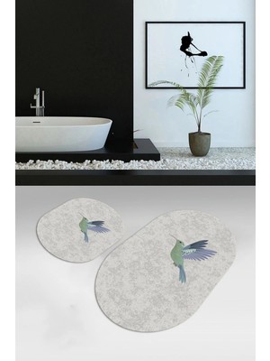 Mikasso Dijital Baskılı Kaymaz Yıkanabilir Kuş Desen Oval Banyo Takımı Klozet Takımı, N-O-Klozet-36-Gri, Pol