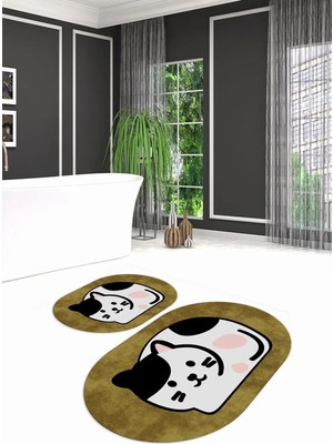 Mikasso Dijital Kaymaz Yıkanabilir Kedi Desen Oval Banyo Takımı Klozet Takımı, N-O-Klozet-43-Kahve, Polyeste
