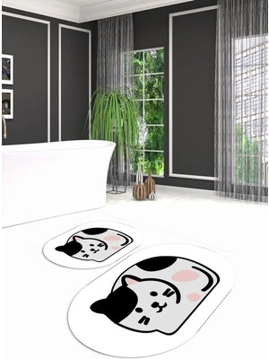 Mikasso Dijital Kaymaz Yıkanabilir Kedi Desen Oval Banyo Takımı Klozet Takımı, N-O-Klozet-43-Beyaz, Polyeste