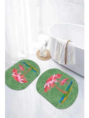 Mikasso Dijital Kaymaz Taban Yıkanabilir Palmiye Ağaç Desenli Oval Banyo Paspası Klozet Takımı Polyester Çok
