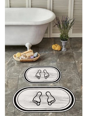 Mikasso Dijital Baskılı Yıkanabilir Kaymaz Taban Ayak Baskılı Oval Banyo Paspası Klozet Takımı Polyester Bej