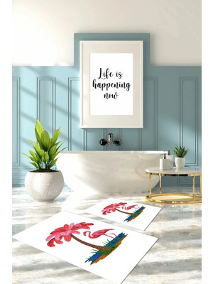 Mikasso Dijital Baskılı Yıkanabilir Sade Flamingo Desenli Banyo Paspası Klozet Takımı Polyester Beyaz