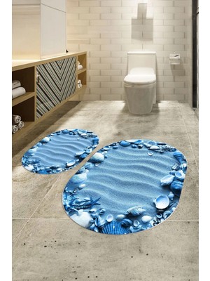 Mikasso 3D Dijital Baskılı Kaymaz Taban Yıkanabilir Oval Banyo Takımı Klozet Takımı, N-O-Klozet-47-Mavi Poly