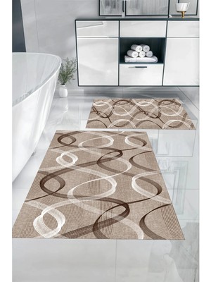 Mikasso Dijital Baskılı Yıkanabilir Kaymaz Taban Sade Modern Klasik Banyo Paspası Klozet Takımı Polyester Ka