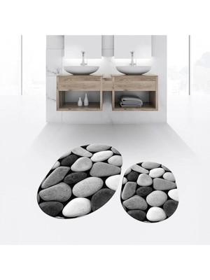 Mikasso Dijital Baskılı Kaymaz Taban Yıkanabilir Oval Ikili Banyo Paspas Klozet Takımı, V-O-Klozet-46-Gri, P