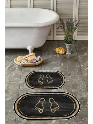 Mikasso Dijital Baskılı Yıkanabilir Kaymaz Taban Ayak Baskılı Oval Banyo Paspası Klozet Takımı Polyester Bej