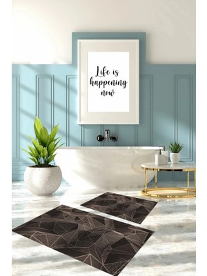 Mikasso Dijital Baskılı Yıkanabilir Geometrik Desenli Banyo Paspası Klozet Takımı Polyester Kahverengi