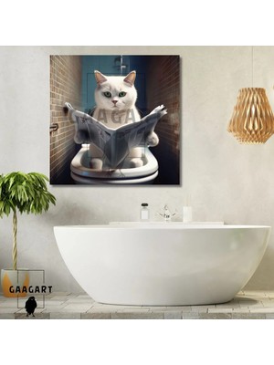 Mikasso Tekli Kare Kanvas Banyo Tablosu Gazete Okuyan Yeşil Gözlü Beyaz Kedi Kanvas Çok Renkli Çerçevesiz