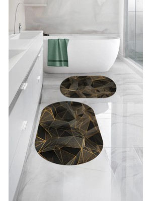Mikasso Dijital Baskılı Yıkanabilir Geometrik Desenli Oval Banyo Paspası Klozet Takımı Polyester Altın